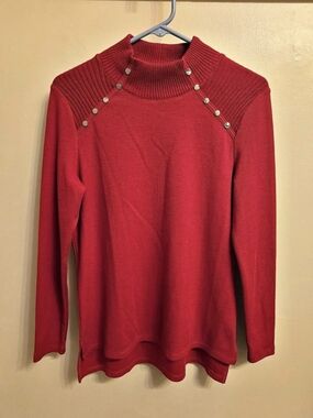 Rafaella Red Ribbed Mock Neck Knit Sweater Silver Button Long Sleeve Small